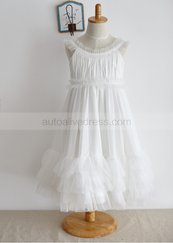 Ivory Chiffon Tulle Ruffles Pleated Flower Girl Dress